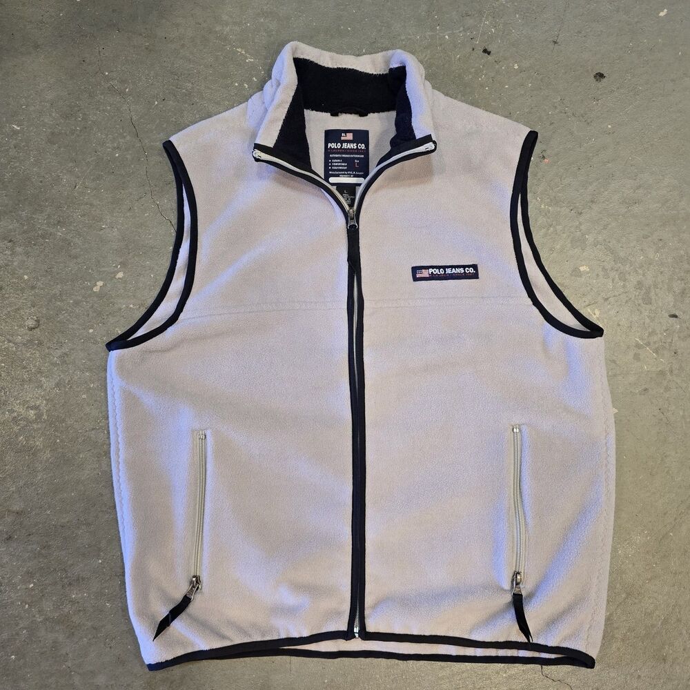 Vintage Polo Jeans Co Vest Mens Large Gray Fleece Full Zip Logo Outdoor Casual
